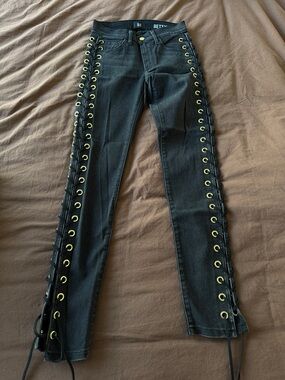 Black Lace-Up Side-Detail Skinny Jeans